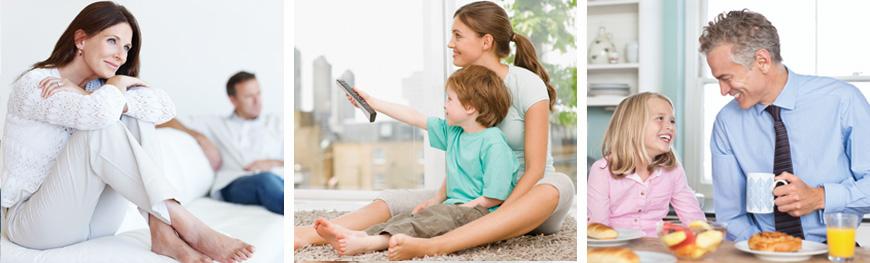 Multiple shots of families enjoying their home heating and cooling systems