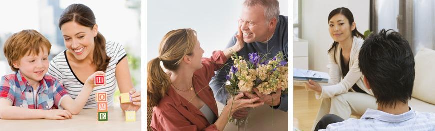 Multiple shots of families enjoying their home heating and cooling systems